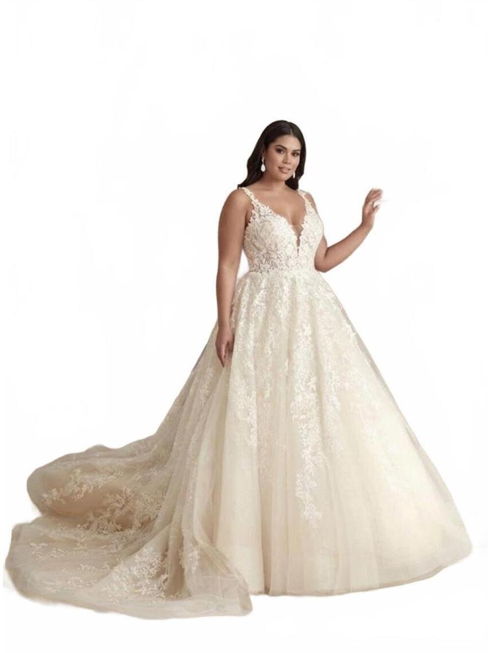Size16 Ivory Floral Lace Glitter Tulle Bridal Wedding Dress Gown Cathedral Train